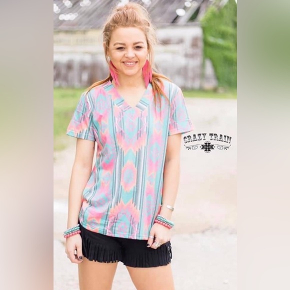 Crazy Train V Neck Aztec TShirt Large - Picture 4 of 4